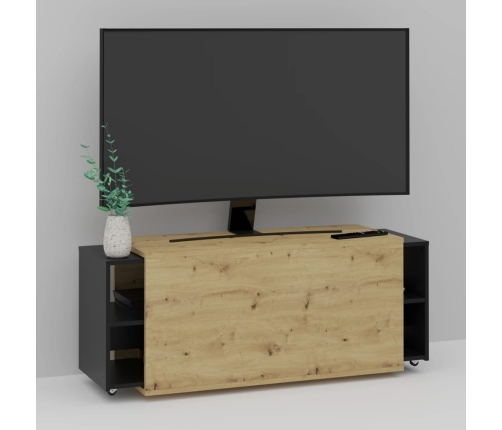 FMD Mueble para TV negro y roble artesanal 194,5x39,9x49,2 cm