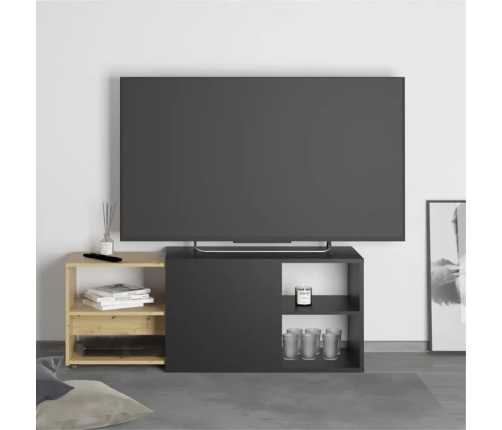 FMD Mueble de TV con 2 compartimentos abiertos negro y roble