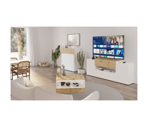 FMD Mueble de TV/equipos de música roble y blanco 182x33x70,2 cm