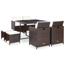 Set comedor de jardín 9 piezas y cojines ratán sintético marrón