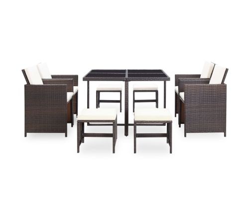 Set comedor de jardín 9 piezas y cojines ratán sintético marrón