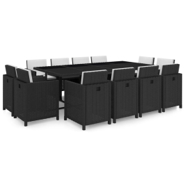 Set comedor de jardín 13 piezas y cojines ratán sintético negro