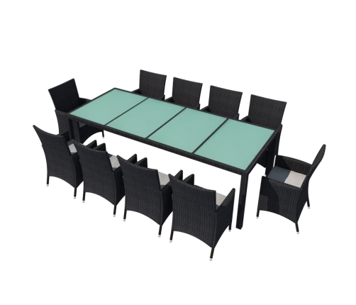 Set comedor de jardín 11 piezas y cojines ratán sintético negro