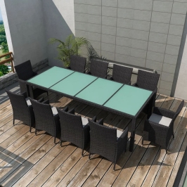 Set comedor de jardín 11 piezas y cojines ratán sintético negro