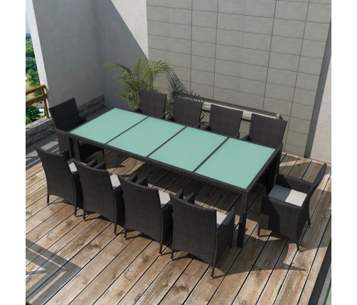 Set comedor de jardín 11 piezas y cojines ratán sintético negro