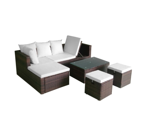 Set muebles de jardín 4 piezas y cojines ratán sintético marrón
