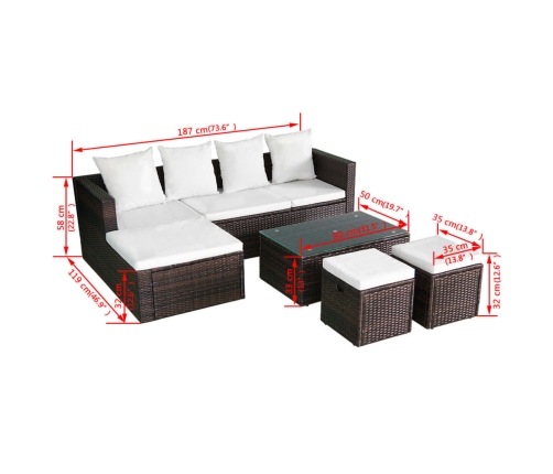 Set muebles de jardín 4 piezas y cojines ratán sintético marrón