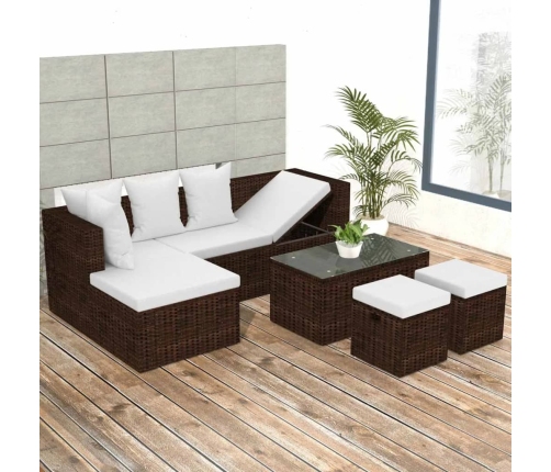 Set muebles de jardín 4 piezas y cojines ratán sintético marrón