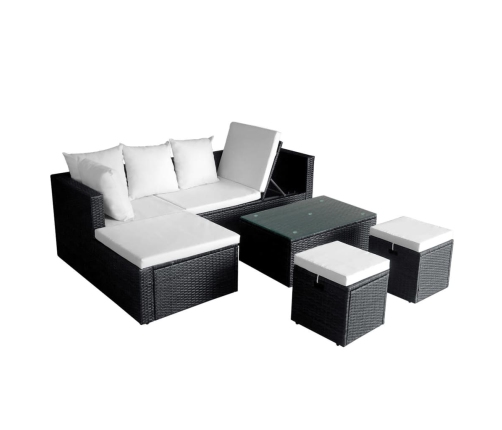 Set muebles de jardín 4 piezas y cojines ratán sintético negro