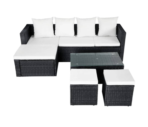 Set muebles de jardín 4 piezas y cojines ratán sintético negro