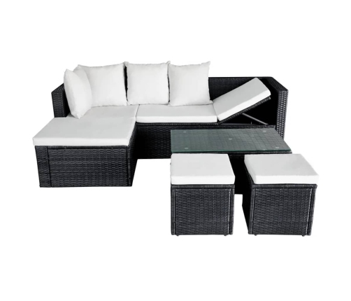 Set muebles de jardín 4 piezas y cojines ratán sintético negro