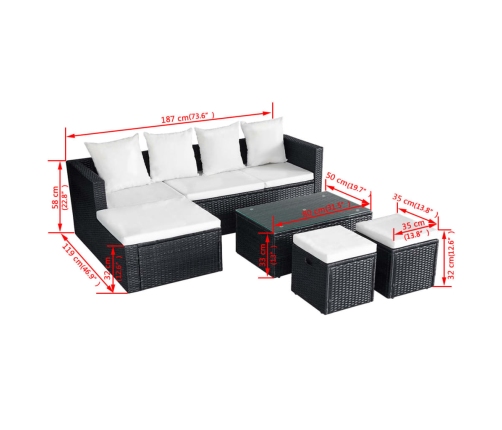 Set muebles de jardín 4 piezas y cojines ratán sintético negro