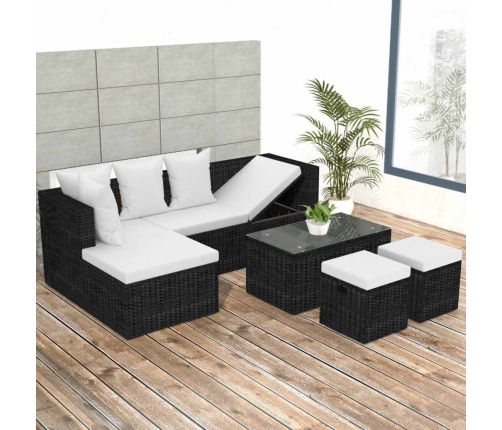 Set muebles de jardín 4 piezas y cojines ratán sintético negro