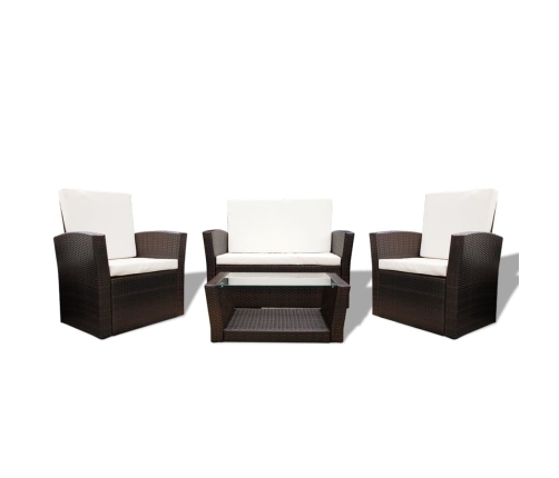 Set muebles de jardín 4 piezas y cojines ratán sintético marrón