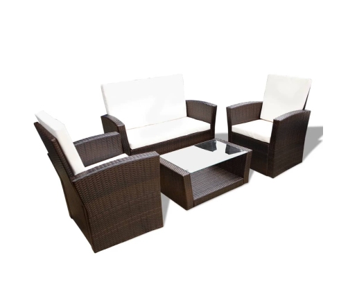 Set muebles de jardín 4 piezas y cojines ratán sintético marrón