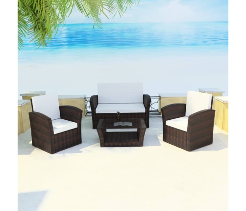 Set muebles de jardín 4 piezas y cojines ratán sintético marrón