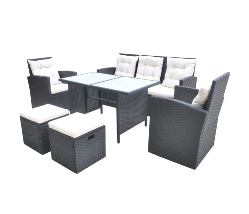 Set comedor de jardín 6 piezas y cojines ratán sintético negro