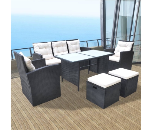 Set comedor de jardín 6 piezas y cojines ratán sintético negro