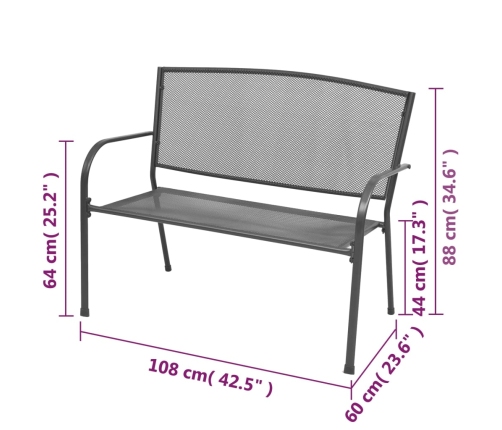 Banco de jardín de acero y malla gris antracita 108 cm