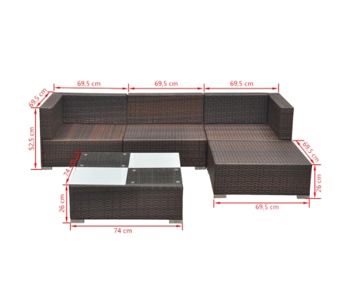 Set muebles de jardín 5 piezas y cojines ratán sintético marrón