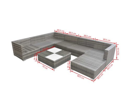 Set de muebles de jardín 8 pzas y cojines ratán sintético gris