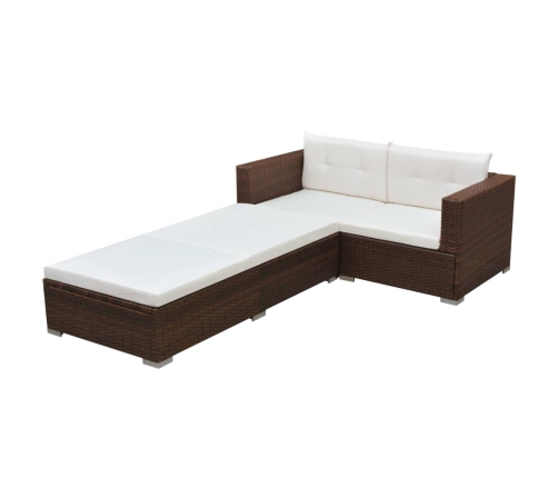 Set muebles de jardín 3 piezas y cojines ratán sintético marrón