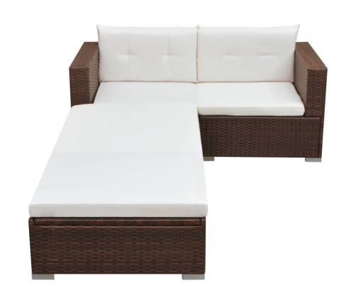 Set muebles de jardín 3 piezas y cojines ratán sintético marrón