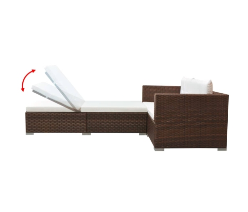 Set muebles de jardín 3 piezas y cojines ratán sintético marrón