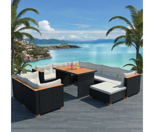 Set muebles de jardín 10 piezas y cojines ratán sintético negro