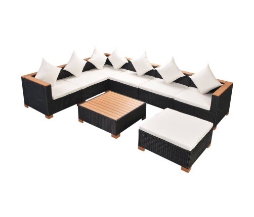 Set muebles de jardín 8 piezas y cojines ratán sintético negro