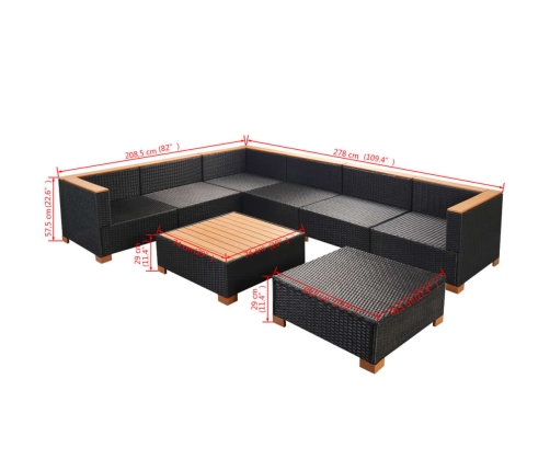 Set muebles de jardín 8 piezas y cojines ratán sintético negro