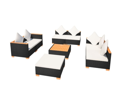 Set muebles de jardín 8 piezas y cojines ratán sintético negro