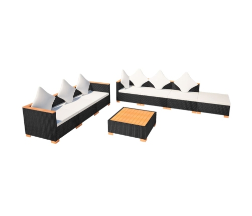 Set muebles de jardín 8 piezas y cojines ratán sintético negro