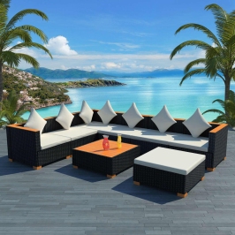 Set muebles de jardín 8 piezas y cojines ratán sintético negro