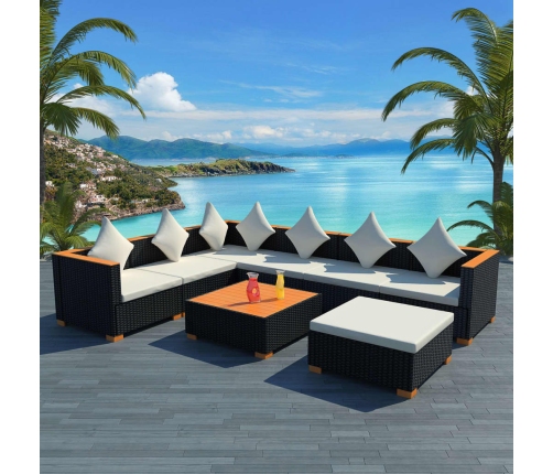 Set muebles de jardín 8 piezas y cojines ratán sintético negro
