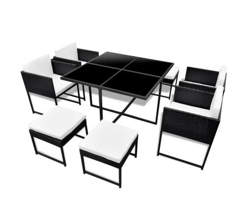 Set comedor de jardín 9 piezas y cojines ratán sintético negro