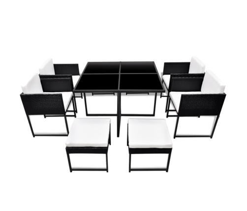 Set comedor de jardín 9 piezas y cojines ratán sintético negro