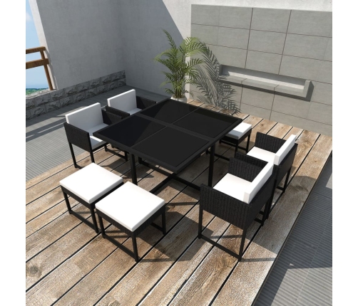 Set comedor de jardín 9 piezas y cojines ratán sintético negro