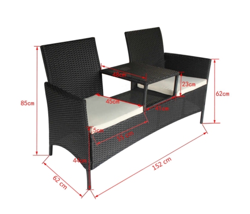 vidaXL Sofá de jardín de 2 plazas con mesita ratán sintético negro