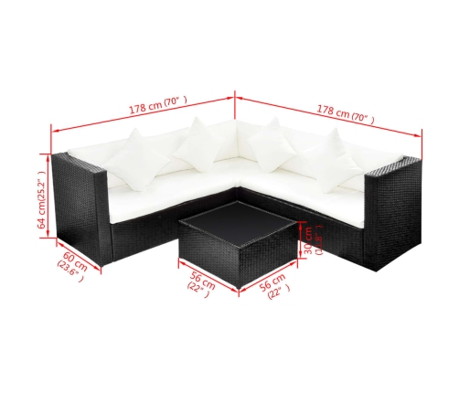 Set de muebles de jardín 4 pzas y cojines ratán sintético negro