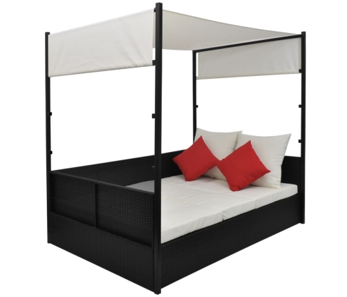 Cama de jardín con toldo ratán sintético negro 190x130 cm