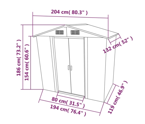 Caseta de jardín de metal 204x132x186 cm verde