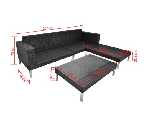 Set de muebles de jardín 4 pzas y cojines ratán sintético negro