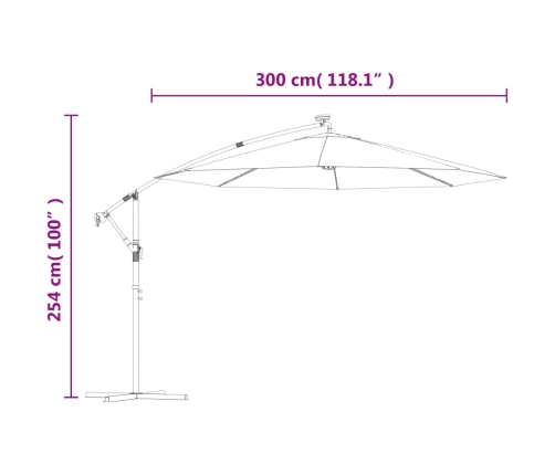 Sombrilla colgante con luces LED y palo de metal verde 300 cm