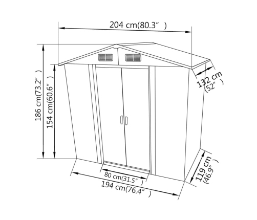 Caseta de jardín de metal 204x132x186 cm gris