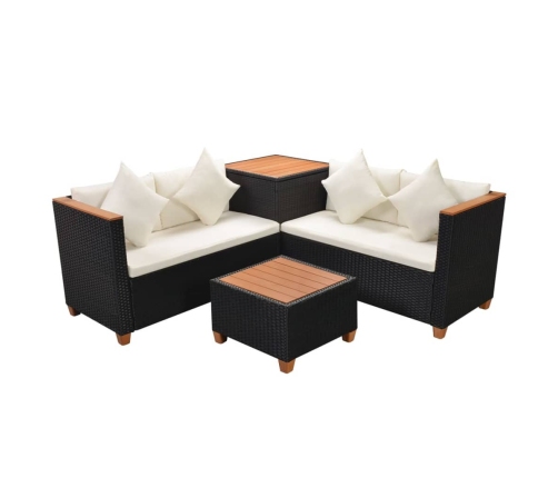 Set de muebles de jardín 4 pzas y cojines ratán sintético negro