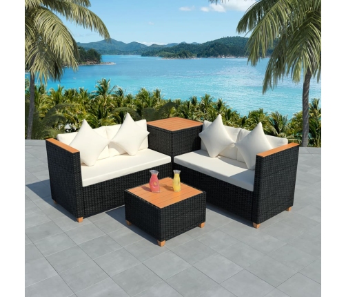 Set de muebles de jardín 4 pzas y cojines ratán sintético negro