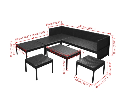 Set muebles de jardín 6 piezas y cojines ratán sintético negro