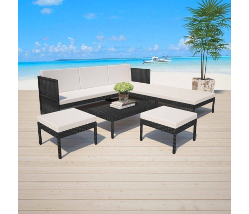Set muebles de jardín 6 piezas y cojines ratán sintético negro