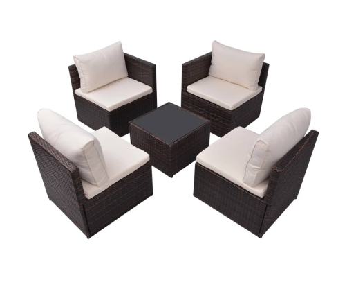 Set muebles de jardín 5 piezas y cojines ratán sintético marrón